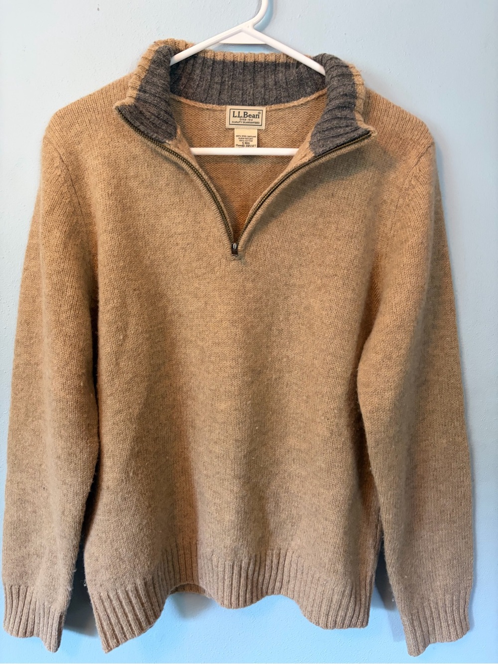 L.L. Bean Men’s Tan Zip-Neck Wool Sweater with Gray Contrast Collar